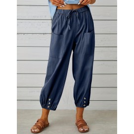 Patched Pockets Button Front Crop Pants, Casual Loose Pants For Spring & Summer, Women's Clothing