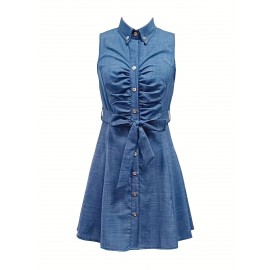 Button Front Sleeveless Dress, Casual Ruched Bodycon Mini Dress, Women's Clothing