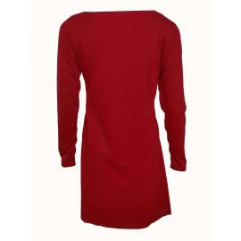 Asymmetrical Hem Solid Dress, Casual Crew Neck Long Sleeve Dress With Buttons, Women's Clothing