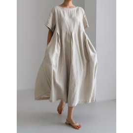 Solid Loose Crew Neck Dress, Casual Pleated Short Sleeve Midi Dress, Women's Clothing