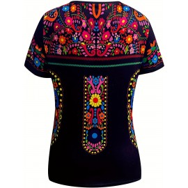 Floral Print Ethnic T-shirt, Boho Crew Neck Short Sleeve Summer T-shirt, Women's Clothing