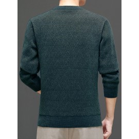 Men's Stylish Loose Solid Knitted Sweater, Casual Slightly Stretch Breathable Long Sleeve Crew Neck Top For City Walk Street Hanging Outdoor Activities