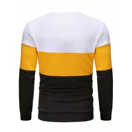 All Match Loose Fit Knitted Waffle Pattern Sweater, Men's Color Block Casual Warm Slightly Stretch Crew Neck Pullover Sweater For Men Fall Winter