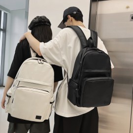 1pc Trendy Cool Solid Color Backpack, Men's PU Leather Large Capacity Preppy Style Casual Backpack, Couple Simple College Student Backpack, Multifunctional Travel Backpack