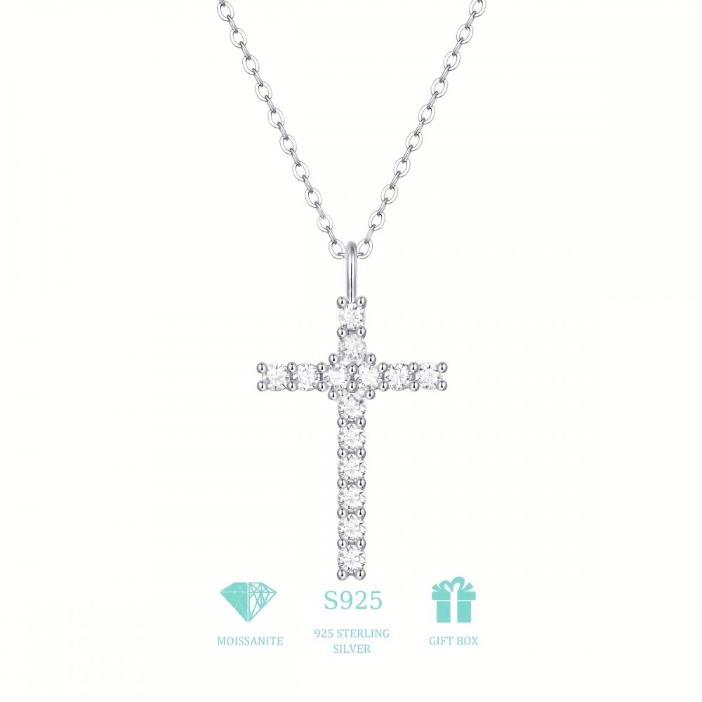 Ladies Necklace 925 Sterling Silver Plated 18K Plated Moissanite Necklace Cross Pendant Necklace