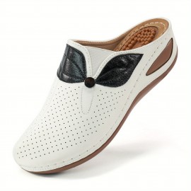 Women's Wedge Mules, Breathable Hollow Out Closed Toe Sandals, Casual Faux Leather Slide Shoes