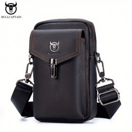 Cow Captain Leather Retro Crazy Horse Leather Men's Mobile Phone Fanny Pack Leather Fashion One Shoulder Bag Business Cow Leather Wear Belt Multi-function Messenger Bag Small Hanging Bag