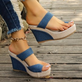Women's Solid Color Platform Sandals, Slip On Casual Toe Loop Summer Slides, Non-slip Beach Wedge Slides