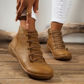 Women's Classic Solid Color Short Boots, Casual Lace Up Side Zipper Boots, Comfortable Ankle Boots