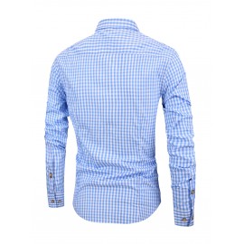 Men's Casual Slim Cotton Plaid Pattern Long Sleeve Button Up Shirt With Chest Pocket, Gift For Men
