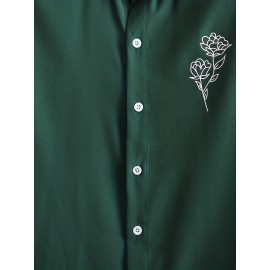 Rose Drawing Print Men's Chic Comfy Short Sleeve Lapel Shirt, Summer Outdoor