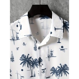 Men's Coconut Tree Sailboat Hawaiian Shirt - Trendy & Comfy Short Sleeve Button Up for Summer Beach Vacations