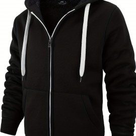 Warm Thick Fleece Lined Coat Solid Color Men's Hooded Jacket Fleece Lined Casual Long Sleeve Sherpa Lined Hoodies With Zipper Hooded Coat For Autumn Winter