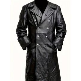 Men's Casual PU Leather Overcoat, Long Double Breasted Trench Coat