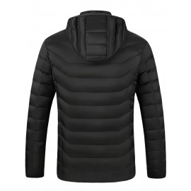 Men's Stylish Solid Heating Jacket With Pockets, Active Breathable Crew Neck Zip Up Long Sleeve Hooded Jacket For Winter Outdoor Activities ( Power Bank Is Not Included )