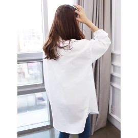 Solid Button Front Simple Shirt, Versatile Long Sleeve Oversized Shirt For Spring & Fall, Women's Clothing