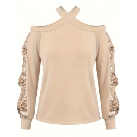 Cold Shoulder Halter Neck Sweatshirt, Stylish Bow Sleeve Pullover Sweatshirt, Women's Clothing