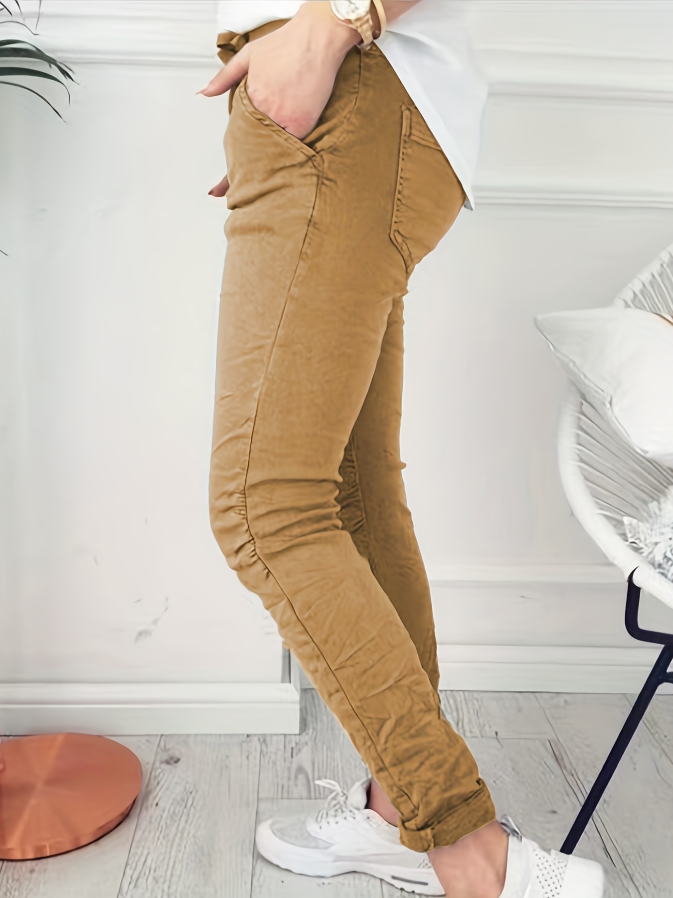 drawstring long length pants casual solid pants with pockets womens clothing details 7