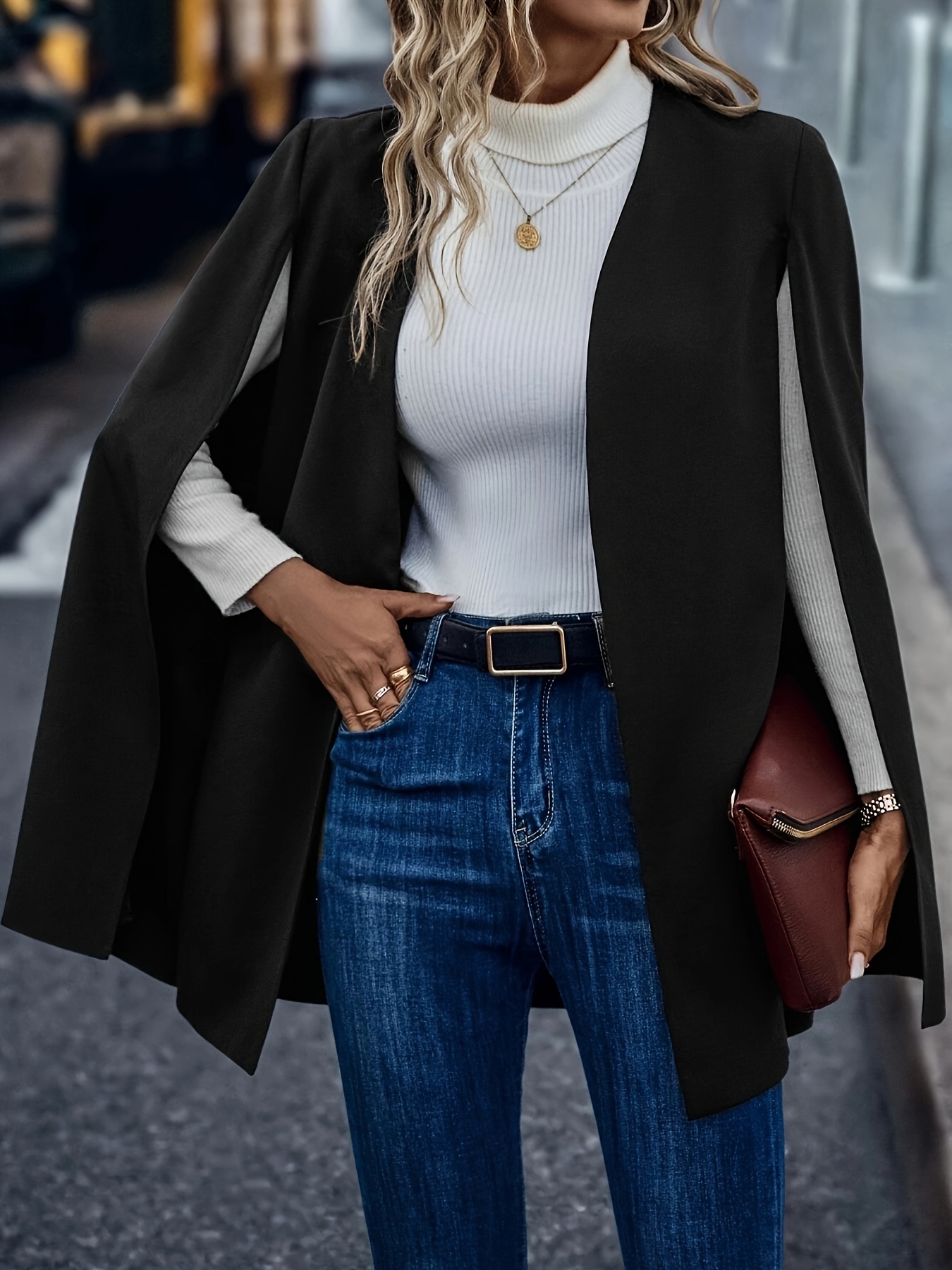 open front cape coat casual solid split sleeve outerwear womens clothing details 13