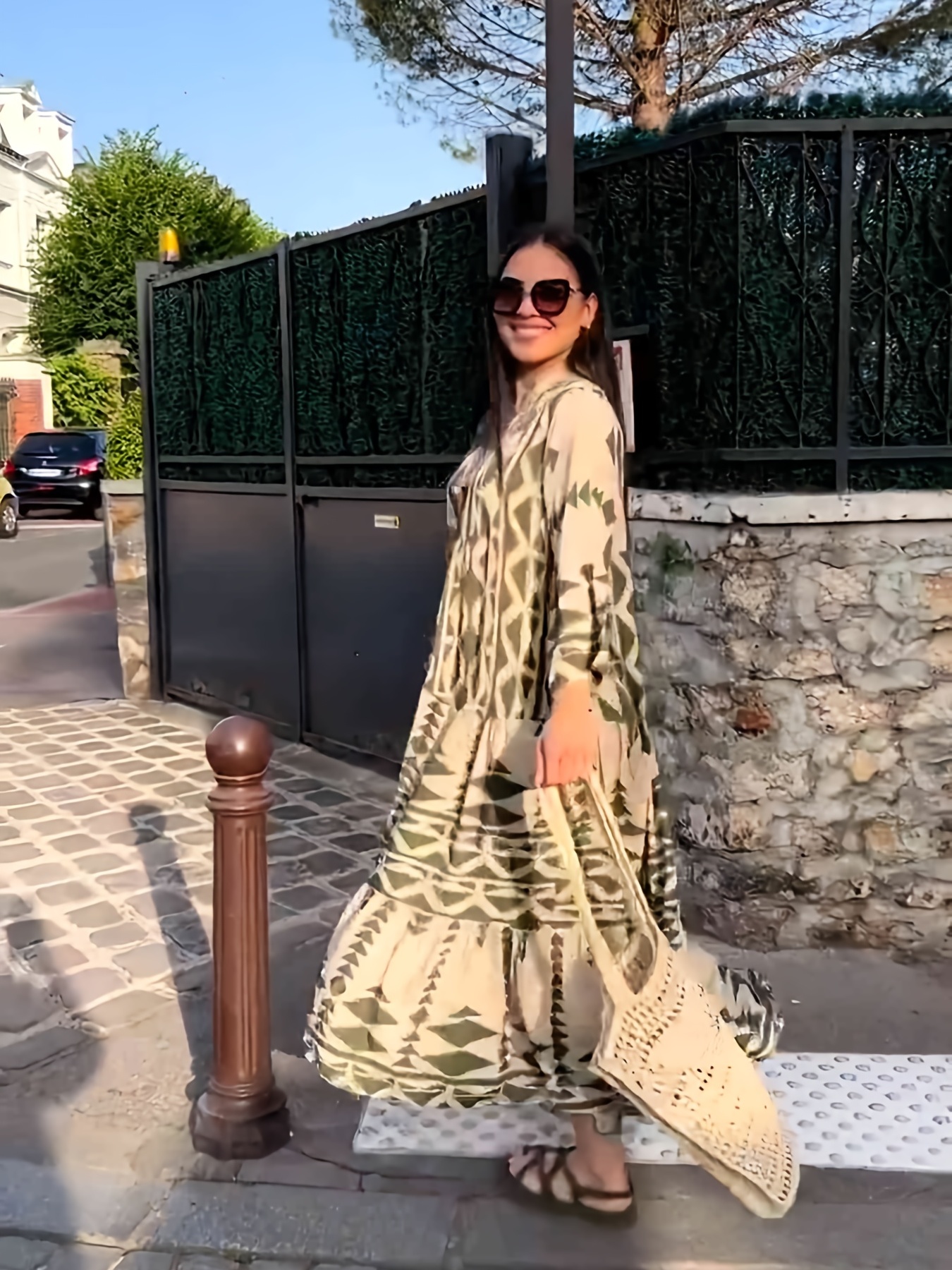 geometric print loose dress long sleeve v neck ankle dress casual every day dress womens clothing details 6
