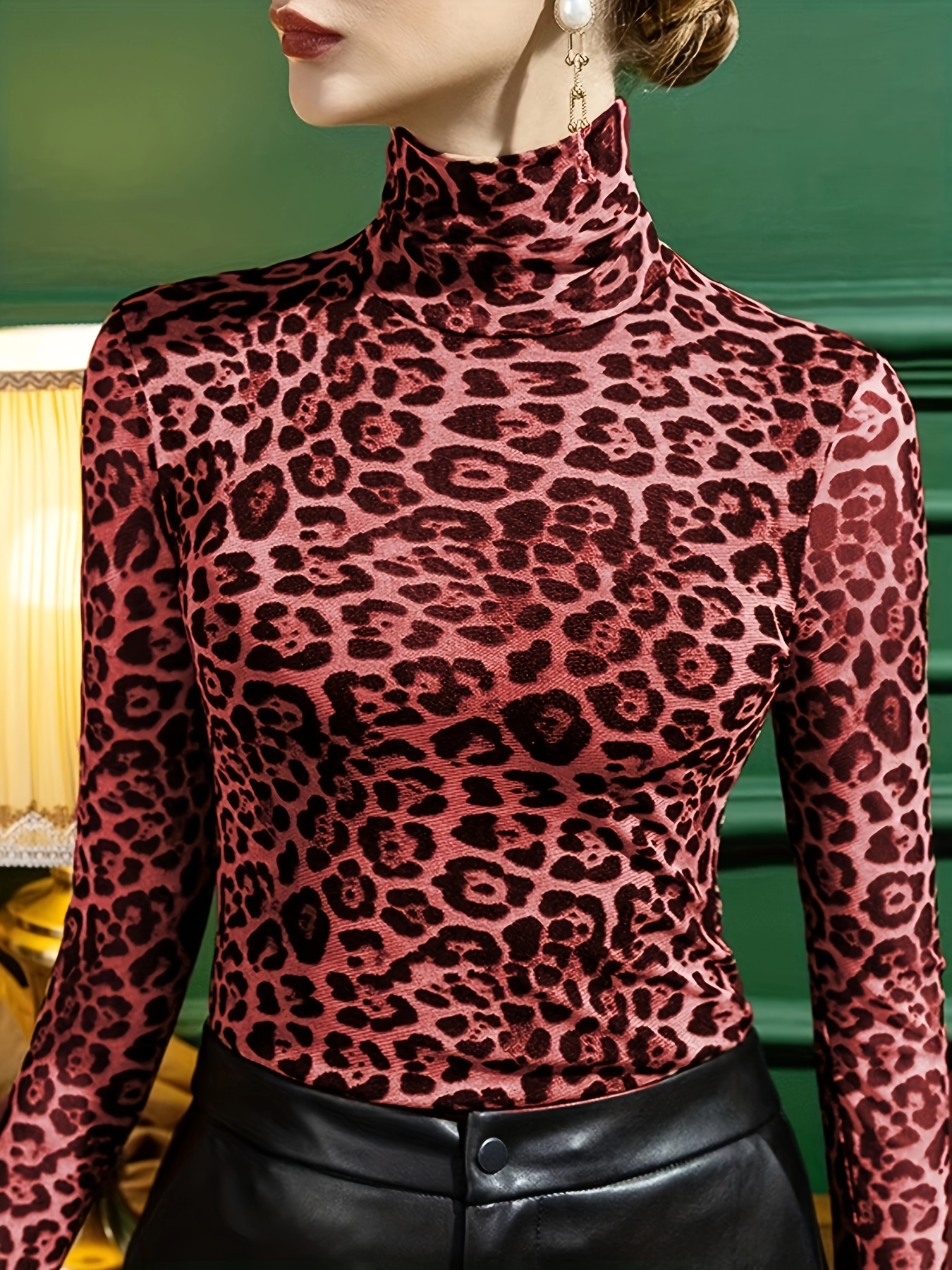 leopard print turtleneck t shirt casual long sleeve top for spring fall womens clothing details 8