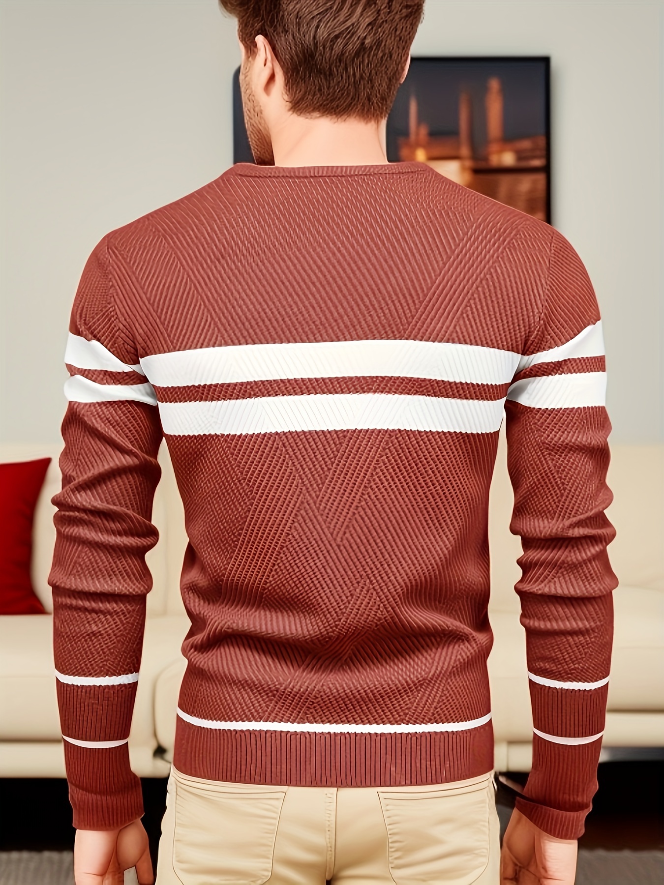 all match striped knitted sweater mens casual warm high stretch crew neck pullover sweater for fall winter details 16