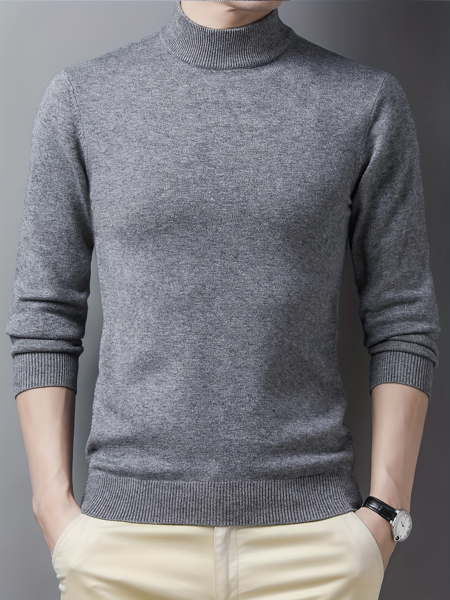 mens trendy solid knitted pullover casual mid stretch breathable turtle neck base layer for outdoor fall winter details 0