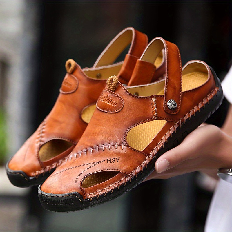 plus size mens sandals leather durable non slip outdoor hiking trekking sandals comfy beach water shoes solid color superfine fiber details 0