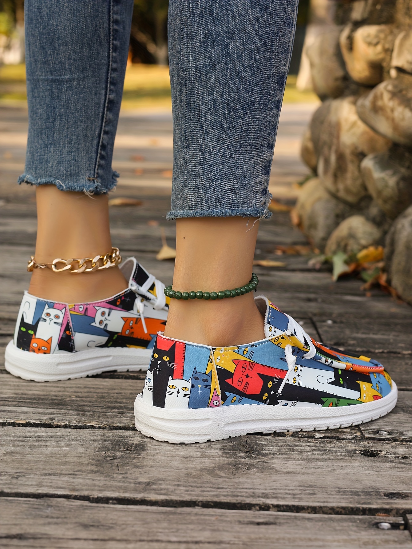 womens cute cat print canvas shoes casual lace up outdoor shoes lightweight low top sneakers details 0