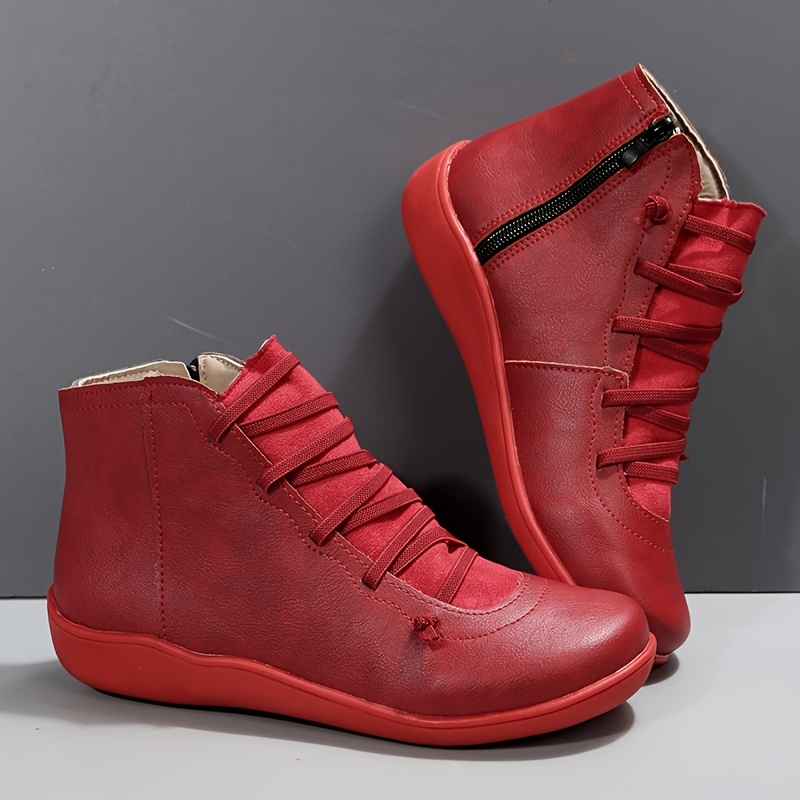 womens ankle boots zip side lace up detail flat boots details 0