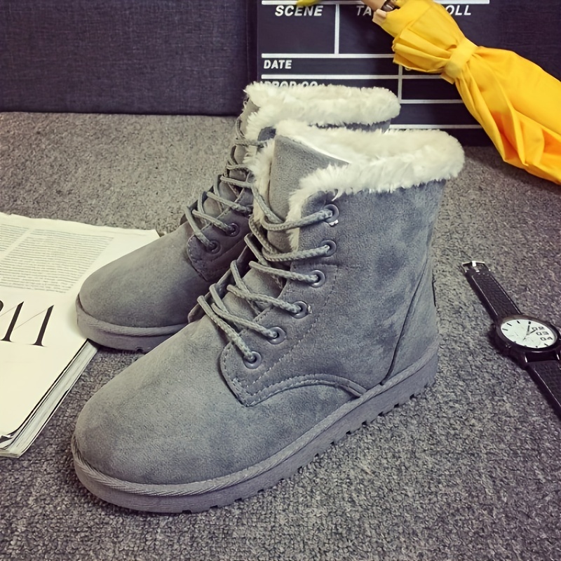 solid color snow boots, womens solid color snow boots casual lace up plush lined boots comfortable ankle boots details 3