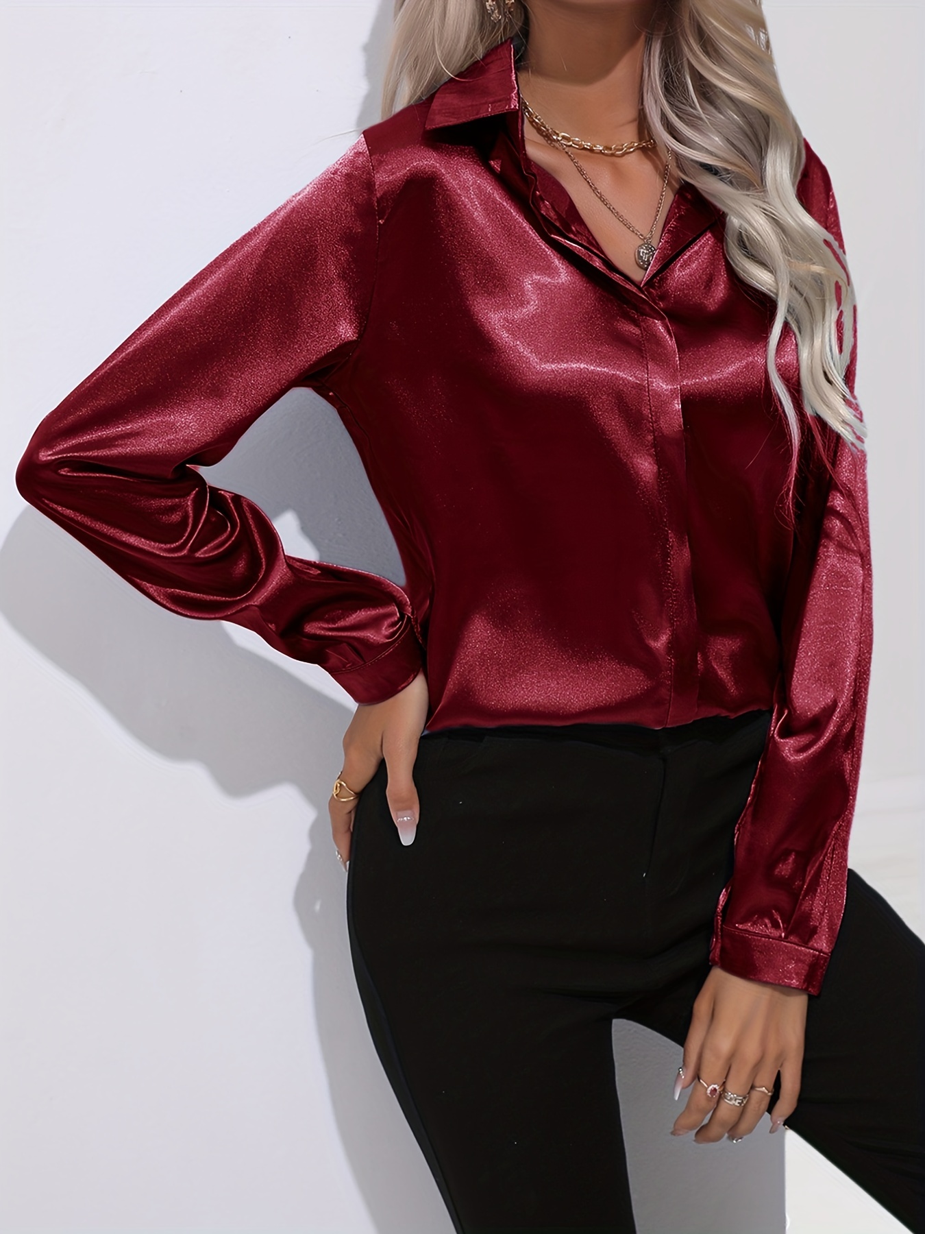 elegant satin blouse, elegant satin blouse collar long sleeve work blouse womens clothing details 14