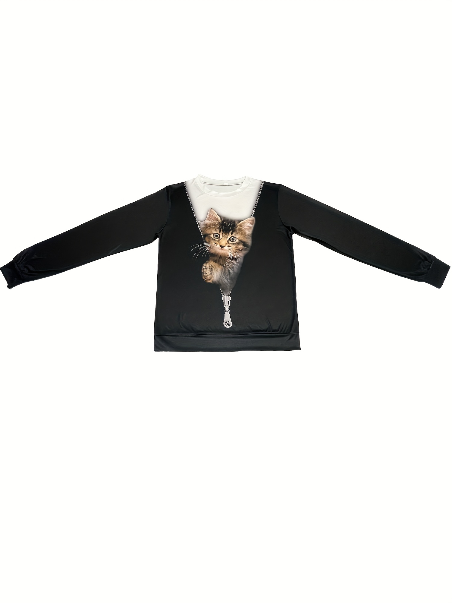 cat zip print pullover sweatshirt casual long sleeve crew neck sweatshirt womens clothing details 2