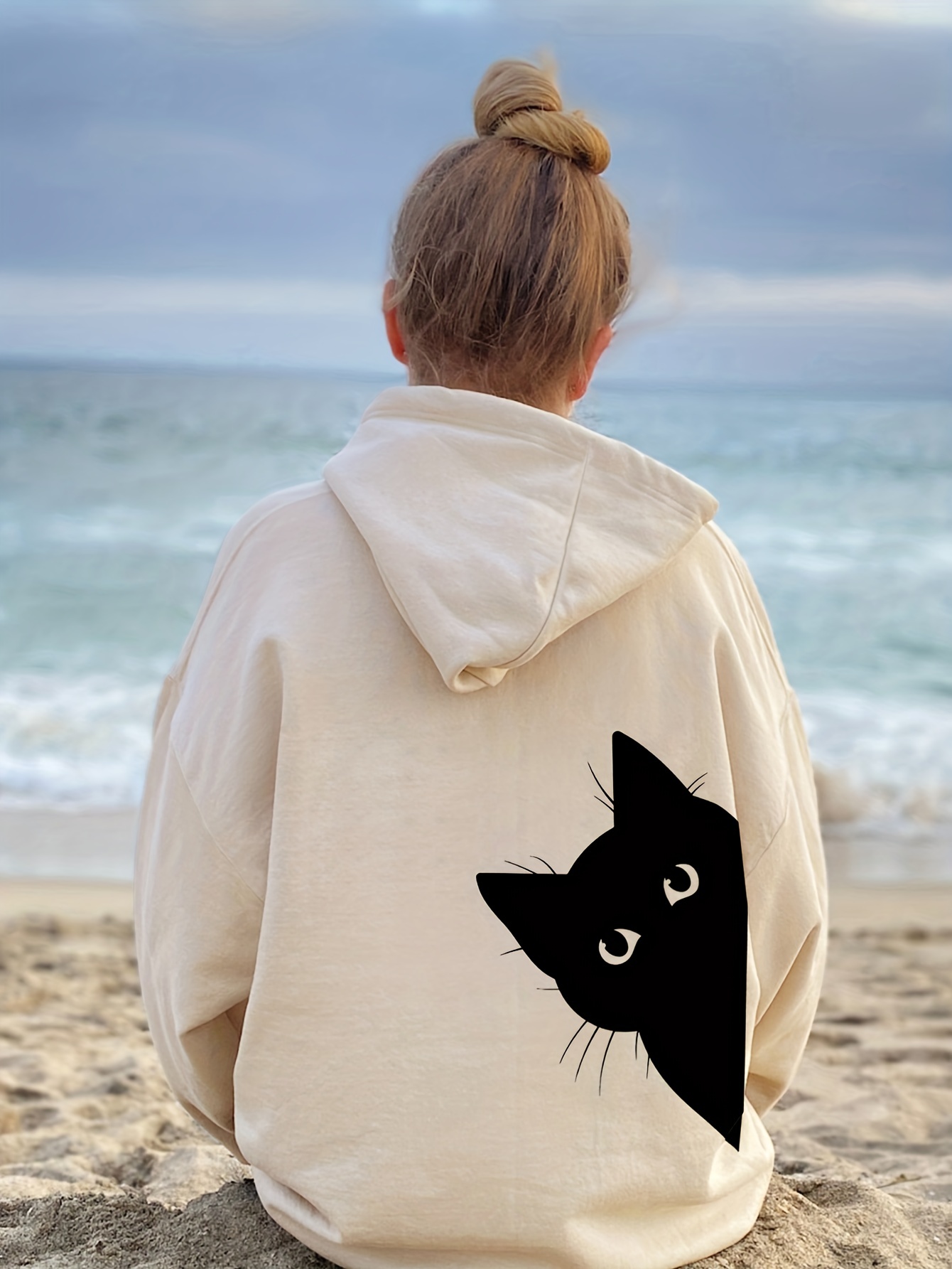 cute cat print hoodie casual long sleeve drawstring hoodie womens clothing details 0